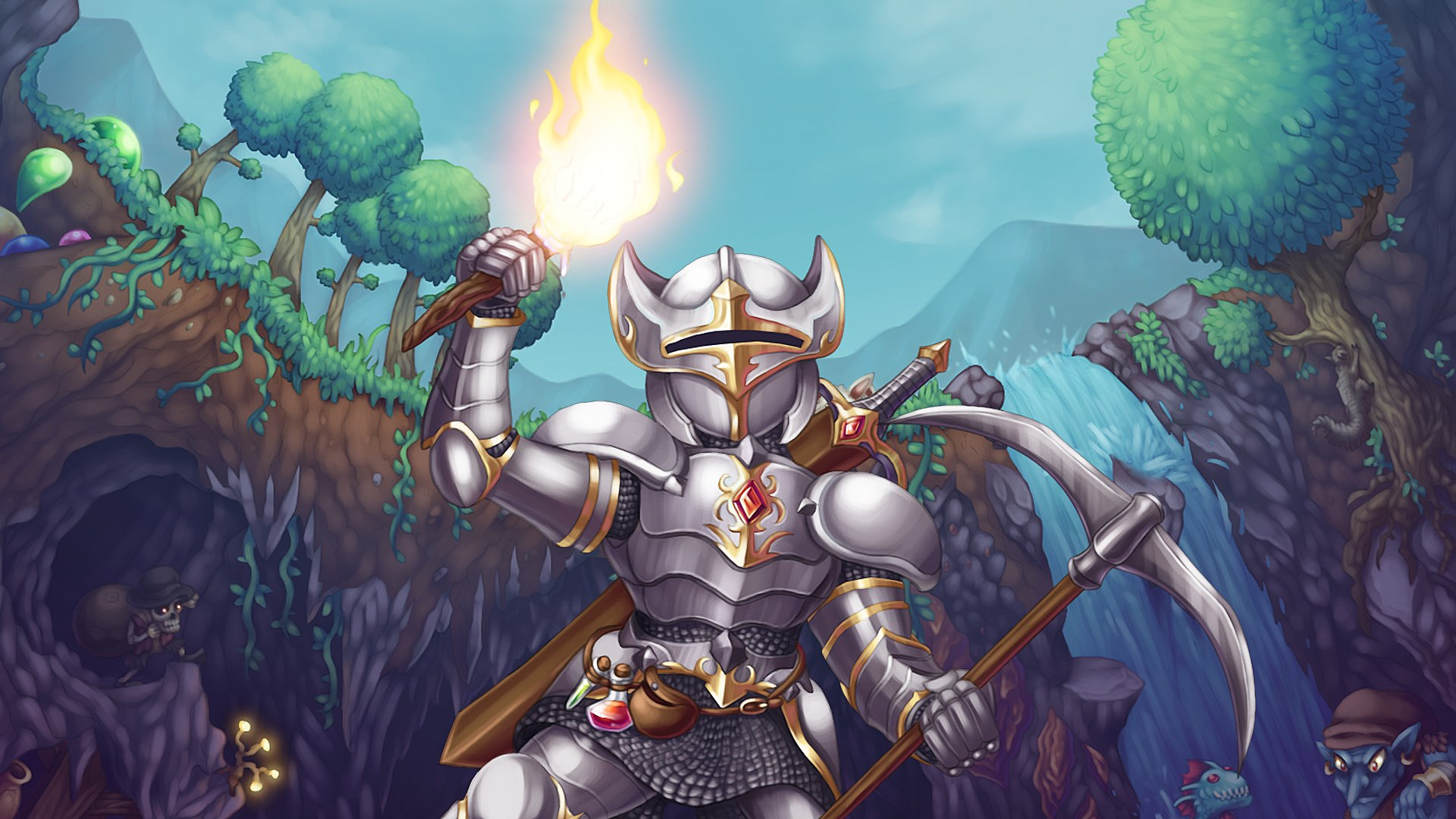 A person in full-plate armor walking down a cave.