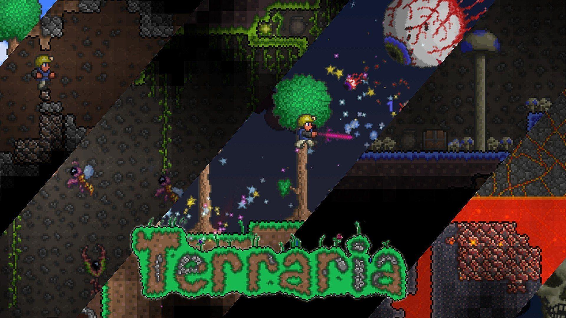 A view of multiple biomes with the Terraria logo in front.