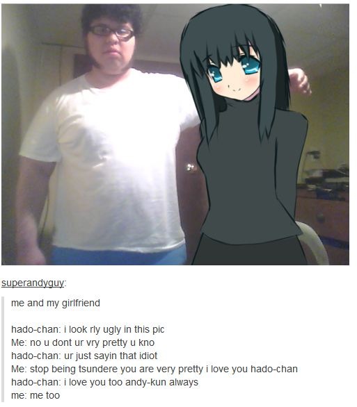 A neckbeard with his arms around a photoshopped crudely-drawn anime girl